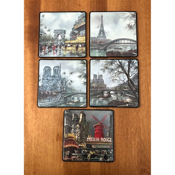 VINTAGE Paris France Coaster Set of 5 Eiffel Tower Moulin Rouge Seine French - Picture 1 of 7
